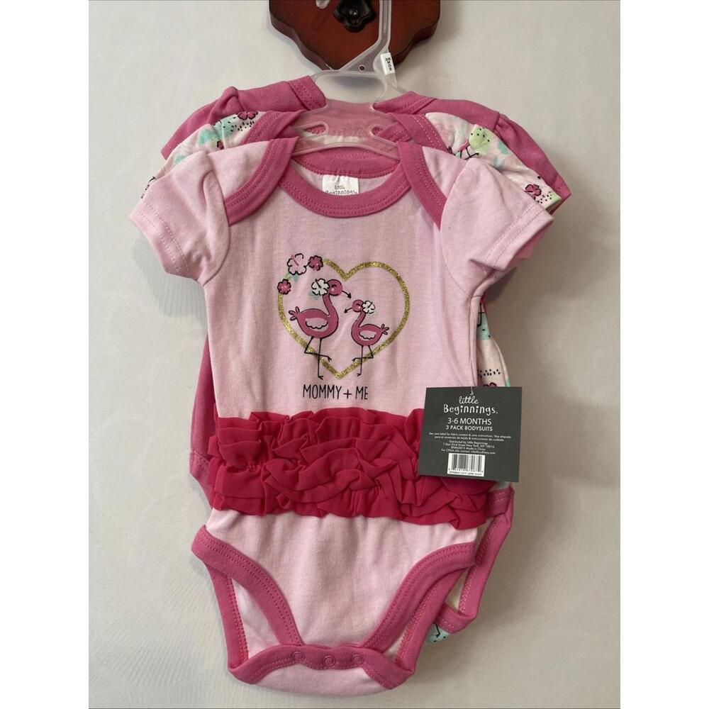Little Beginnings Infant Girls Pink Flamingo 3-6 Months 3-Pack Bodysuit NWT MZZ8